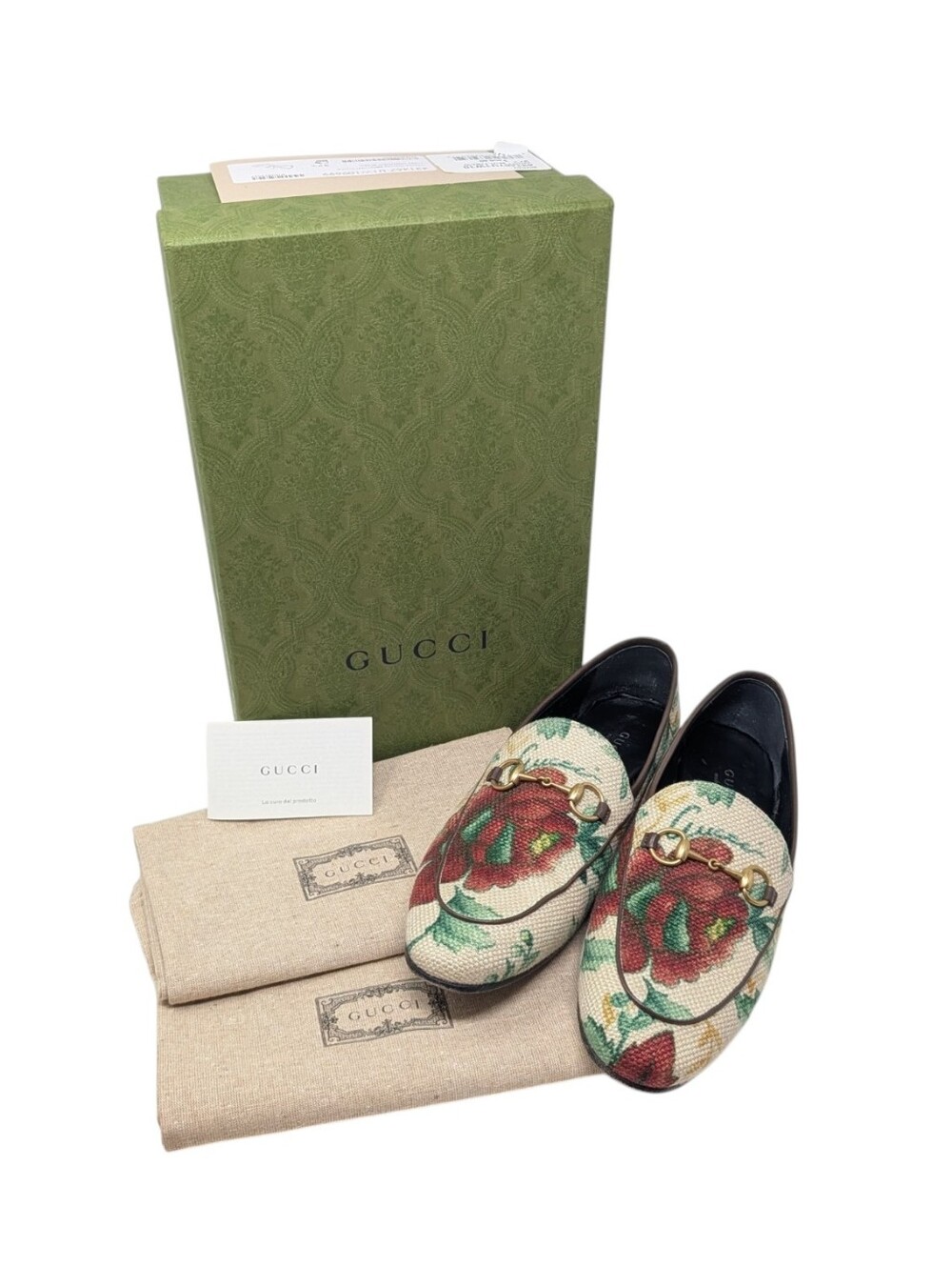 Rare Gucci Jordaan Ivory Red Floral Horsebit Flat Slip On Loafers Size EU 37.5